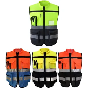 Benutzer definiertes Logo hoch sichtbar hi vis gelb orange reflektierende Konstruktion Verkehrs arbeit tragen Sicherheits weste mit mehreren Taschen ID-Fenster