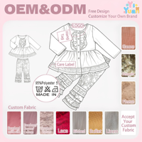 Op maat gemaakte denim tuniek met ruches voor meisjes, bloemenprint, meerlaagse ruches, wijde broek, kinderboetiek kleding, 2-delige set