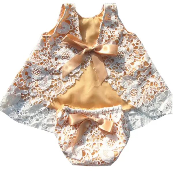 Groothandel Kinderen Zomer Dragen Pasgeboren Baby Girl Lace Swing Top Bijpassende Bloeier Babykleding Set