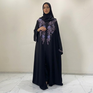 Modest Islamic Elegant Breathable Handmade <b>Black</b> Beaded Polyester Abaya Loose Long Sleeve <b>Floor</b> <b>Length</b> Modest Evening Party wear - Product Image 2