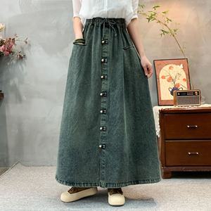 <span class=keywords><strong>2025</strong></span> automne décontracté a-ligne taille haute évasée longue Maxi dames taille ceinture bouton poches ample Denim jean jupe pour les femmes - Product Image 3