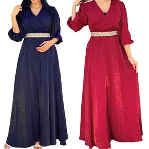 Hot sales half puff sleeves Satin Abaya Dubai Women Long Maxi Dress Kaftan Muslim Party Gown Islamic Jilbab