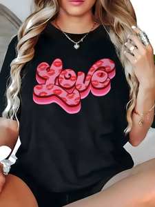 T-shirt da donna con grafica a tema San Valentino, nera, girocollo, manica corta, in jersey elasticizzato, casual, primavera estate, lavabile in lavatrice - Product Image 3