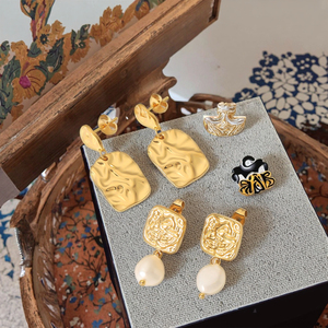 Vintage Fashion Fine <strong>Jewelry</strong> Women Fashion <strong>Stainless</strong> <strong>Steel</strong> <strong>Jewelry</strong> 18K Gold Texture Pearl Drop Earrings - Product Image 3