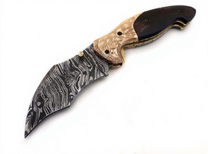 Cuchillo de bolsillo plegable con mango de acero de Damasco OEM personalizado, hoja recta con punta caída, hecho a mano, para caza, camping, supervivencia y uso general. - Product Image 3