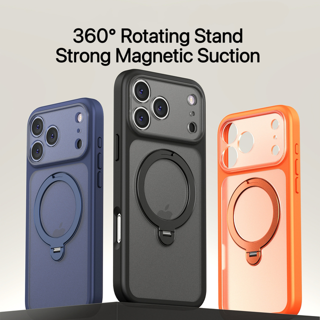 Ring Holder Phone Case for iPhone 18 Pro Max 360 Rotation Metal Kickstand Shock Absorbing Matte Frosted Full Protection Cover