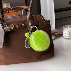 CHENXI Porte-clés pompon en vraie fourrure de lapin Rex, petit sac de tennis, pendentif de voiture avec boule en peluche métallique, cadeau - Product Image 5