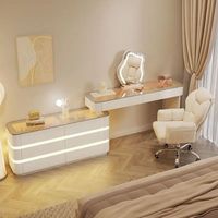 Meuble de rangement pour la maison, coiffeuse avec miroir LED et chaise, plateau en verre réglable de 120 cm à 200 cm - Blanc