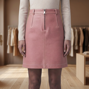 <b>Pink</b> PU Leather Mini <b>Skirt</b> High Waist Zip Front A-Line Slim Fit Solid <b>Women</b> <b>Skirt</b> for Autumn Winter - Product Image 5