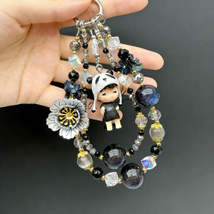 Chaîne de téléphone en cristal noir et gris de luxe, pendentif de poupée personnalisable, <span class=keywords><strong>cordon</strong></span> de téléphone, porte-clés - Product Image 2