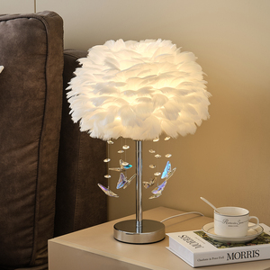 Feather Table Lamp With Crystal Butterflies LED Warm <b>Light</b> Bedroom Bedside Decoration Creamy Style Romantic Atmosphere Lamp - Product Image 1