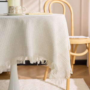 French Style Cotton Linen <b>Round</b> <b>Tablecloth</b> With Tassel Home Decor Washable Solid Color Waffle Texture Table Cover - Product Image 1