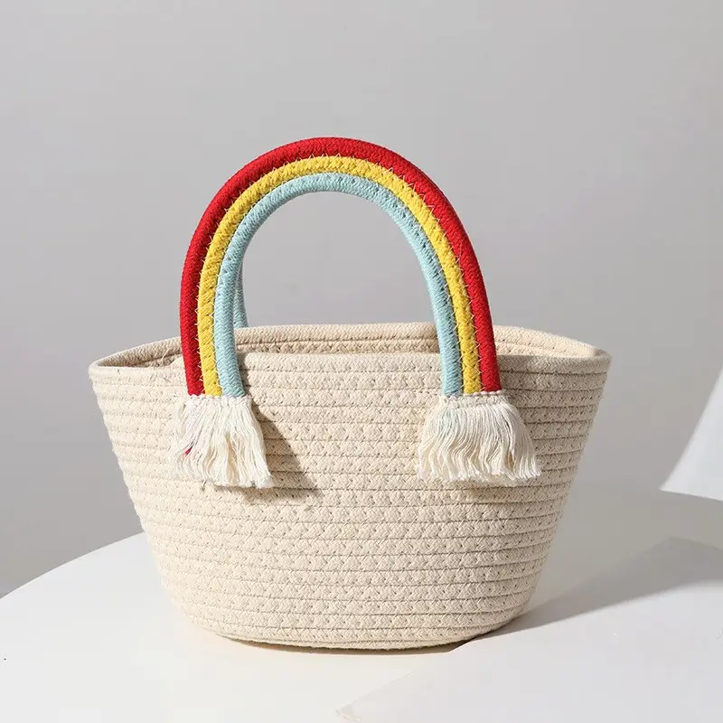 Bolsa tejida de algodón hecha a mano, bolso de playa de vacaciones en la playa, versátil, tejido de paja, precioso bolso de nube de arcoíris