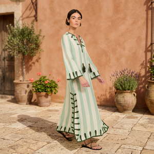 <b>Boho</b> V-Neck Maxi <b>Dress</b> With Striped Pattern Lantern Sleeve Loose Fit Hand Embroidery Tassel <b>Summer</b> Casual <b>Dress</b> - Product Image 1