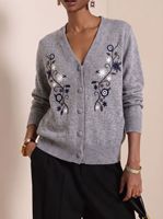 Cardigan en tricot marron brodé floral pour femme, col en V, boutonnage frontal, manches longues, coupe décontractée, pull tricoté pour femme, vêtement d'extérieur