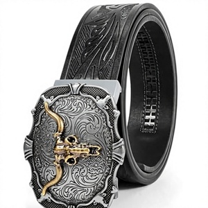 Cinturón de mezclilla para hombre estilo americano, con patrón floral vintage vaquero del oeste, perforado y grabado, a la moda, listo para envío transfronterizo de fábrica - Product Image 2