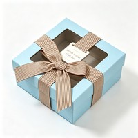 Boîte en papier personnalisée pour cadeaux et artisanat, boîte carrée bleue avec fenêtre en PVC et nœud en ruban, boîte écologique en deux parties