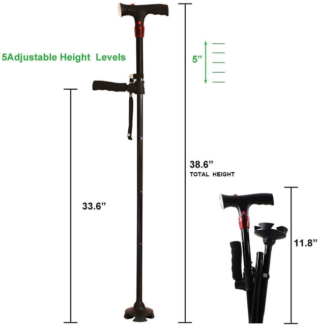 Smart LED Light Walking Stick Adjustable Folding Cane with SOS Alarm for Emergency Use and Rehabilitation Therapy