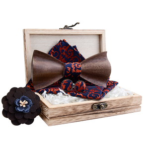 4 pièces/ensemble 3D personnalisé fait main en <span class=keywords><strong>bois</strong></span> noeud papillon <span class=keywords><strong>et</strong></span> soie <span class=keywords><strong>mouchoir</strong></span> cravate broche bouton de manchette noeud papillon avec boîte cadeau - Product Image 4
