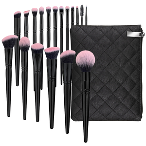 Juego de brochas de maquillaje profesional de 18 piezas, mango negro con punta de cerda rosa, cerdas veganas y mangos ergonómicos para uso facial - Product Image 1