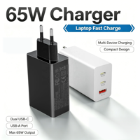 Chargeur rapide GaN 65W 2USB-C 1USB-A Chargeur mural multi-ports PD QC3.0 Adaptateur de charge portable pour téléphone tablette CE FCC RoHS