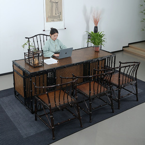 Chinese Style Bamboo Office Desk Set Square Freestanding <b>Study</b> Room Tea Table And <b>Chair</b> Set - Product Image 4