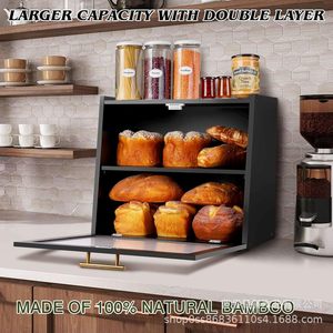 Boîte à pain double couche en bambou pour comptoir de cuisine avec fenêtre, meuble de rangement pour pâtisserie, conteneur à pain en bois noir - Product Image 3