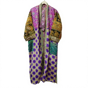 Robe Kimono Maxi Vintage en Soie Recyclée pour Femme, Élégante, à Motifs Floraux, Patchwork Uni, Col en V, Cordon de Serrage, Respirante - Product Image 1