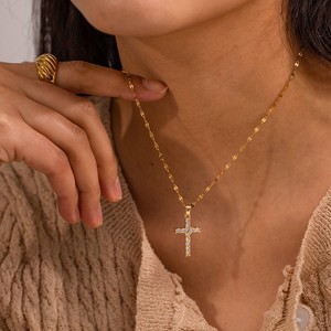 Retro Vintage 18K Gold Plated Stainless Steel Cubic Diamond <b>Cross</b> Pendant Clear Crossed Zircon Necklace Unisex Main Stone - Product Image 1