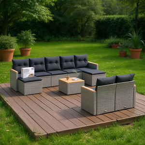 ชุดโซฟาหวายสีเทาสำหรับสวน 6 ที่นั่ง เฟอร์นิเจอร์กลางแจ้ง ทนทานต่อสภาพอากาศ ดีไซน์ร่วมสมัย - Product Image 2