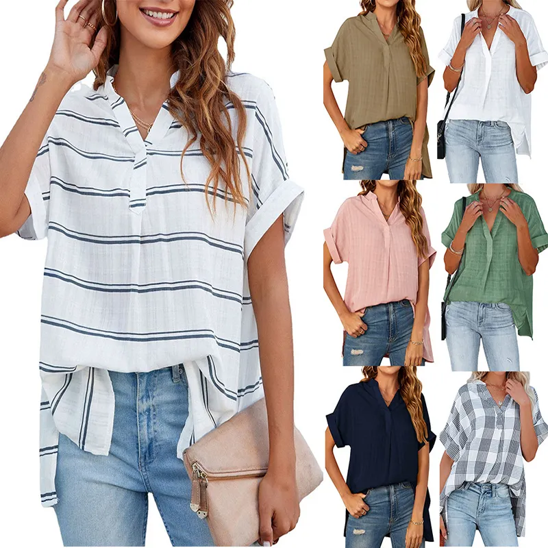 Summer Solid Color Woman Blouses and Tops Cotton Long Sleeve Shirts Blouses for Women Tops Street Short Sleeve Clothing Latest
