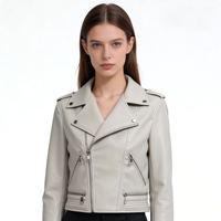 Veste en cuir courte pour femme de style européen, couleur et taille personnalisées, tendance, fermeture éclair asymétrique, veste moto