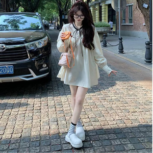 French Style Long Sleeve Puff Sleeve Dress Women Loose Waist <b>Tie</b> <b>Neck</b> Apricot Solid Color Casual Daily Wear Short Skirt - Product Image 4