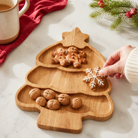 Plateau de service en bois durable pour Noël, avec trois compartiments pour biscuits, bonbons et tables de fête