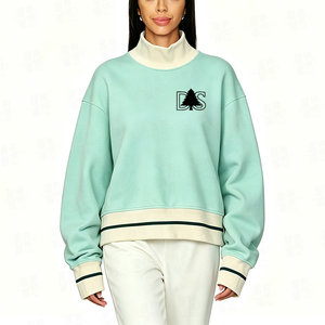 Pull en coton bicolore surdimensionné pour femme avec col montant, bordure à rayures contrastées et broderie appliquée personnalisée – Vente en gros - Product Image 3