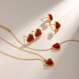 J&D Valentine's Day Bridal Pearl Drop Earrings Red Agate Heart Locket Necklace Bracelet And Earrings Set