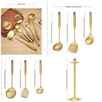 Ensemble de 7 ustensiles de cuisine en acier inoxydable 304 doré, outils de cuisson avec spatule pour wok, louche, écumoire, cuillère, spatule ajourée