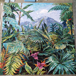 Mosaico Floreale in Vetro Fatto a Mano Personalizzato, Murale Botanico di Ortensie per Progetti di Hotel, Ville e Hall - Product Image 1
