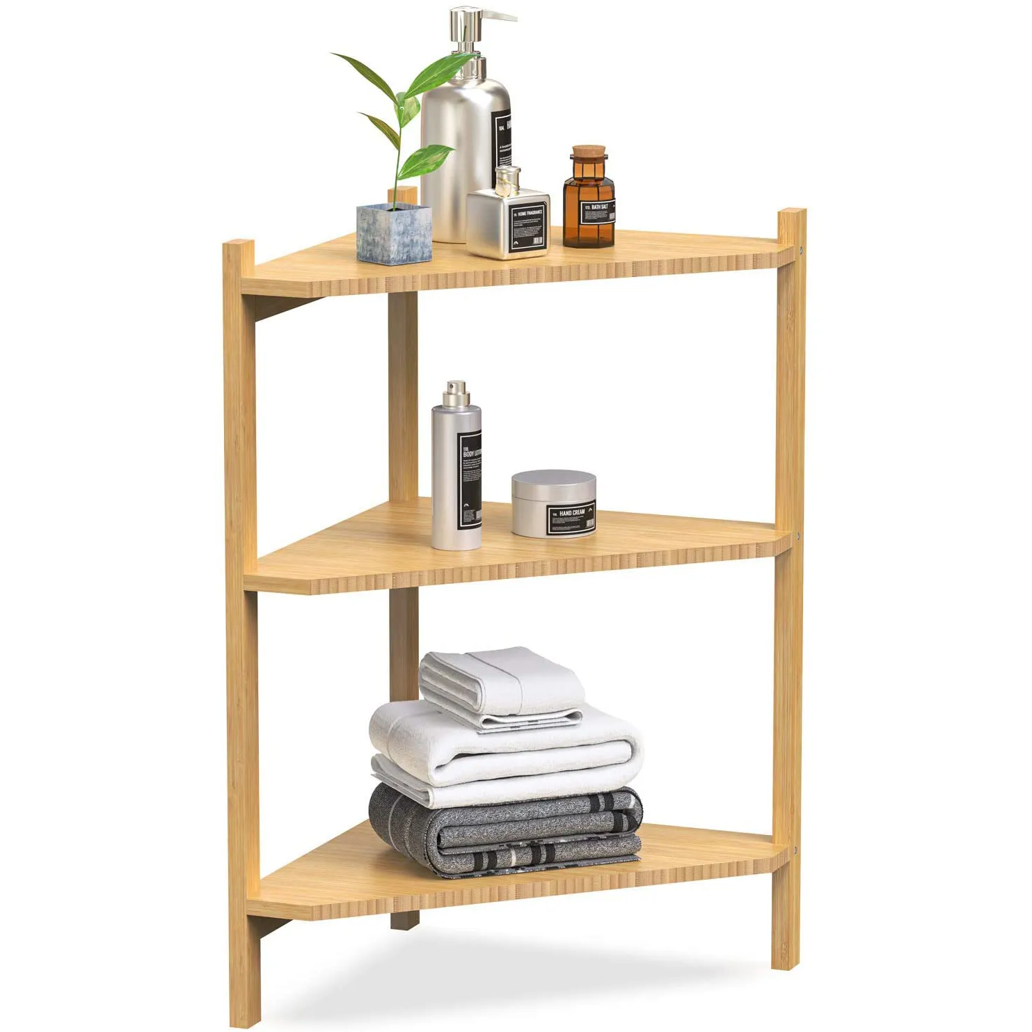 Bamboo 3 Tier Corner Shelf, Free Standing Storage Organizer for Bathroom Living Room Kitchen