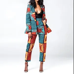 Grosir Pakaian Wanita Afrika 2 Buah Setelan Jaket Set Afrika Lilin Cetak Kain Kustom Kasual Mantel Wanita Formal