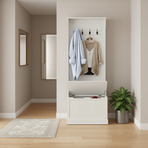 Perchero de recibidor blanco con banco de almacenamiento, 3 ganchos, mueble de entrada de madera, diseño moderno y tradicional, independiente - Product Image 2