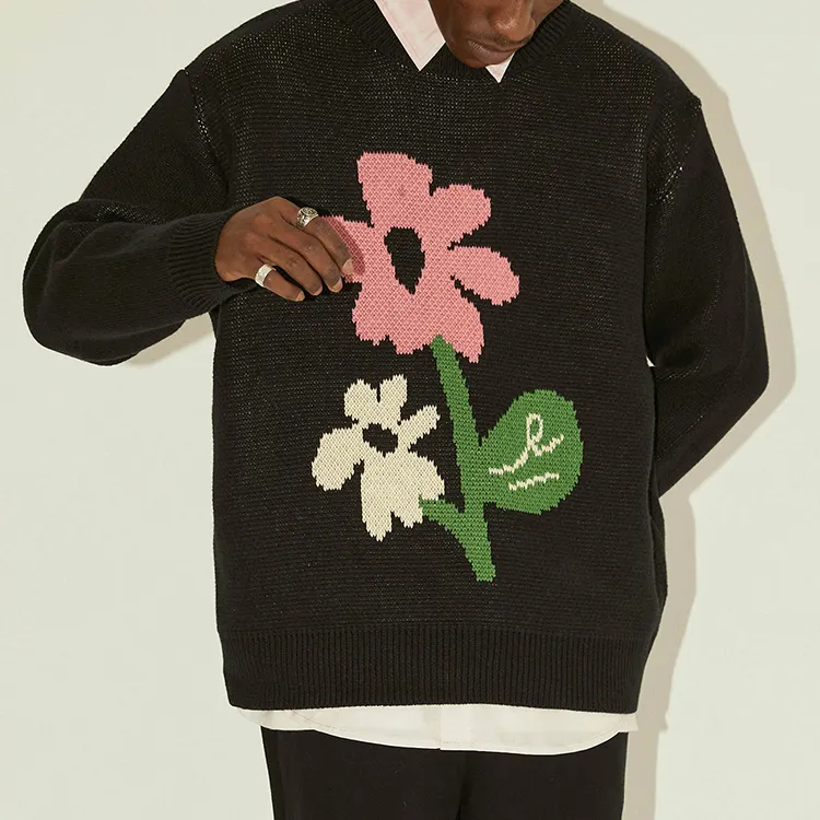 High quality custom make male jacquard sweater fashion black color O neck flower logo pullover long sleeve winter knitwear