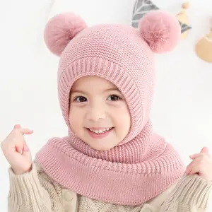 2023 Autumn And Winter Girl Double Ball Beanie Ear Protection Wool With Pompoms One-piece Shawl Knitted Hat For Kid