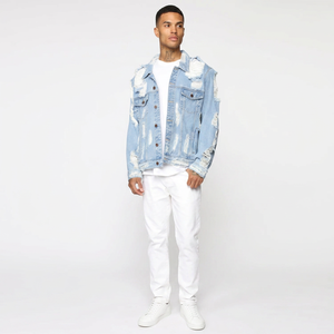 2026 Spring Denim Distressed Stand Collar Zipper Closure Ripped Casual Hooded Windproof Vintage <b>Jacket</b> Front <b>Mens</b> - Product Image 1