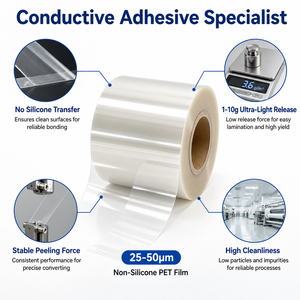 Adesivo Conduttivo su <span class=keywords><strong>Film</strong></span> Protettivo Trasparente in PET Senza Silicone 25-50μm 1-10g - Product Image 1