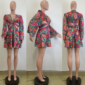 Vestido Mini GX6035 Moda 2024 de Manga Larga con Estampado Único, Manga Larga Acampanada, <span class=keywords><strong>Elegante</strong></span> para Fiesta, con Espalda Descubierta - Product Image 2