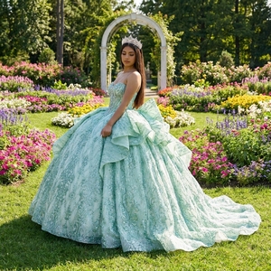 Rsm261076 Sage Green Sweet 15 <b>Dress</b> Strapless Beaded Corset Lace Up Back Oversized Bow <b>Ruffle</b> Quinceanera Ball Gown Jancember - Product Image 1