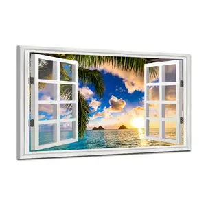 Ventana mar paisaje imagen lienzo pintura, decoración del hogar Tropic océano nubes amanecer foto impresión arte de la pared