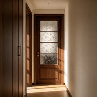 Porte intérieure classique en MDF avec placage en bois véritable de noyer, motif floral en relief, panneau inférieur moulé en verre