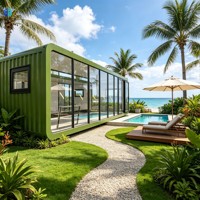 Maison conteneur modulaire en structure acier avec murs en verre respirants, design moderne pour hôtels, villas et centres de villégiature en bord de mer